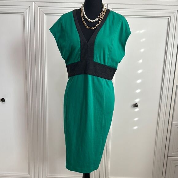 Narciso Rodriguez Green and Black Sheath Dress with Dolman Cap Sleeves - Picture 1 of 6